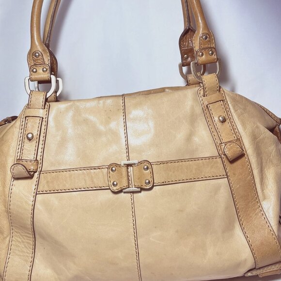 Sigrid Olsen Tan Leather shoulder/Tote/Purse-Large-Inside Pink/Green-Ph. Pocket - Picture 2 of 16